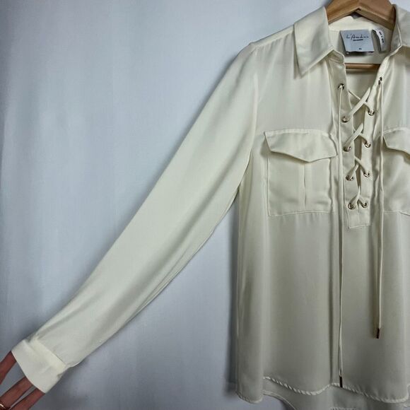 L'Academie Lace Up Front Blouse Size XS Ivory Cream Silky Satin Neutral Top - Picture 6 of 13